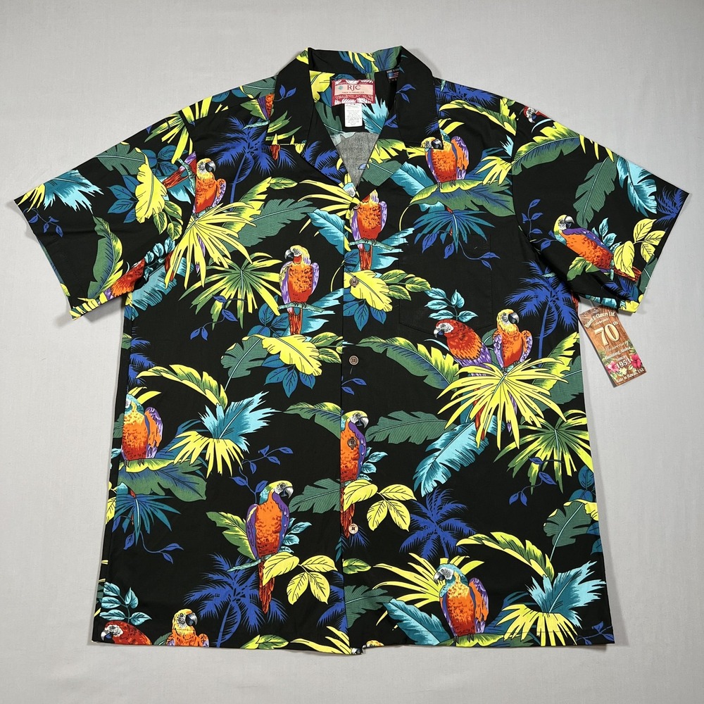 Mens XL Hawaiian Camp Shirt Parrot Macaw Palm Leaf Black Blue Green Aloha RJC